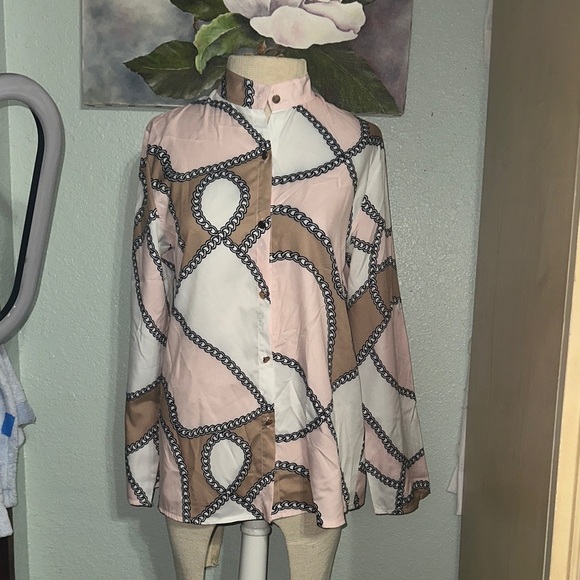 Tops - Elegant Chain Pattern Blouse - Pink and Brown